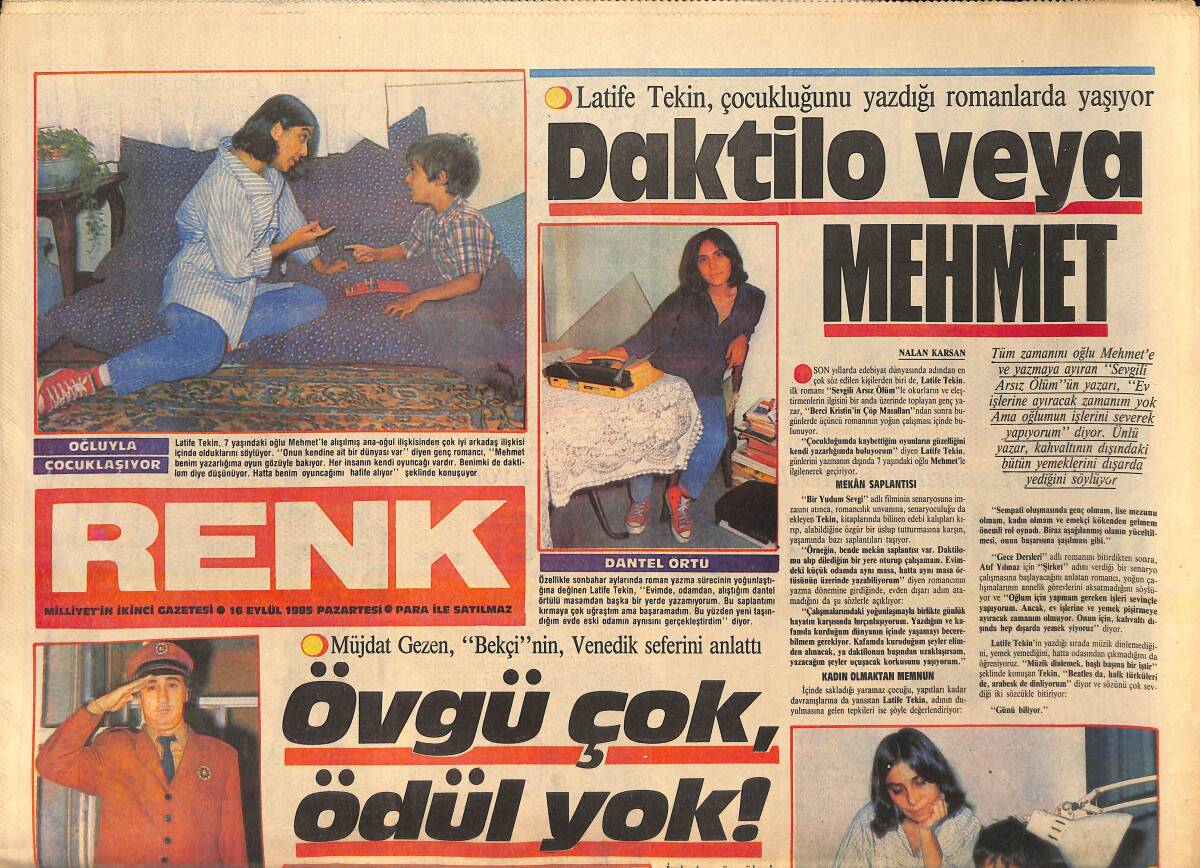 Milliyet Gazetesi Renk Eki 16 Eylül 1985 - Müjdat Gezen Bekçi'nin Venedik Seferini Anlattı - Yonca Evcimek Sinemayı Hedefliyor GZ156594 - 1