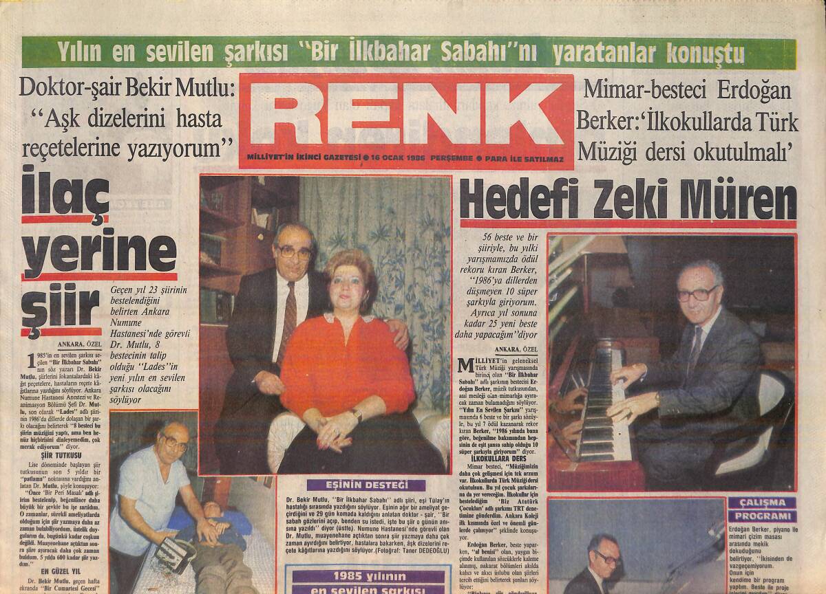 Milliyet Gazetesi Renk Eki 16 Ocak 1986 - Mimar-Besteci Erdoğan Berker Hedefi Zeki Müren - Suat Önen'in Şansı Açıldı GZ156189 - 1