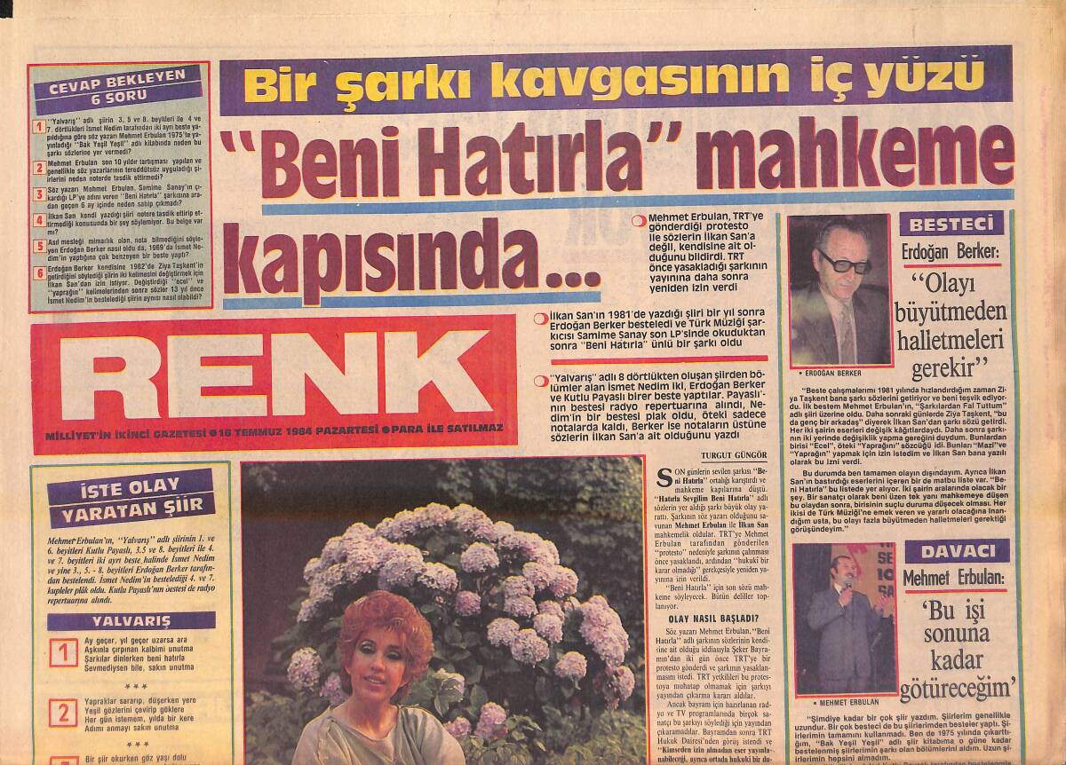 Milliyet Gazetesi Renk Eki 16 Temmuz 1984 - Samime Sanay İlkan San Diyor - İsmet Nedim Berlin'den Seslendi GZ156323 - 1