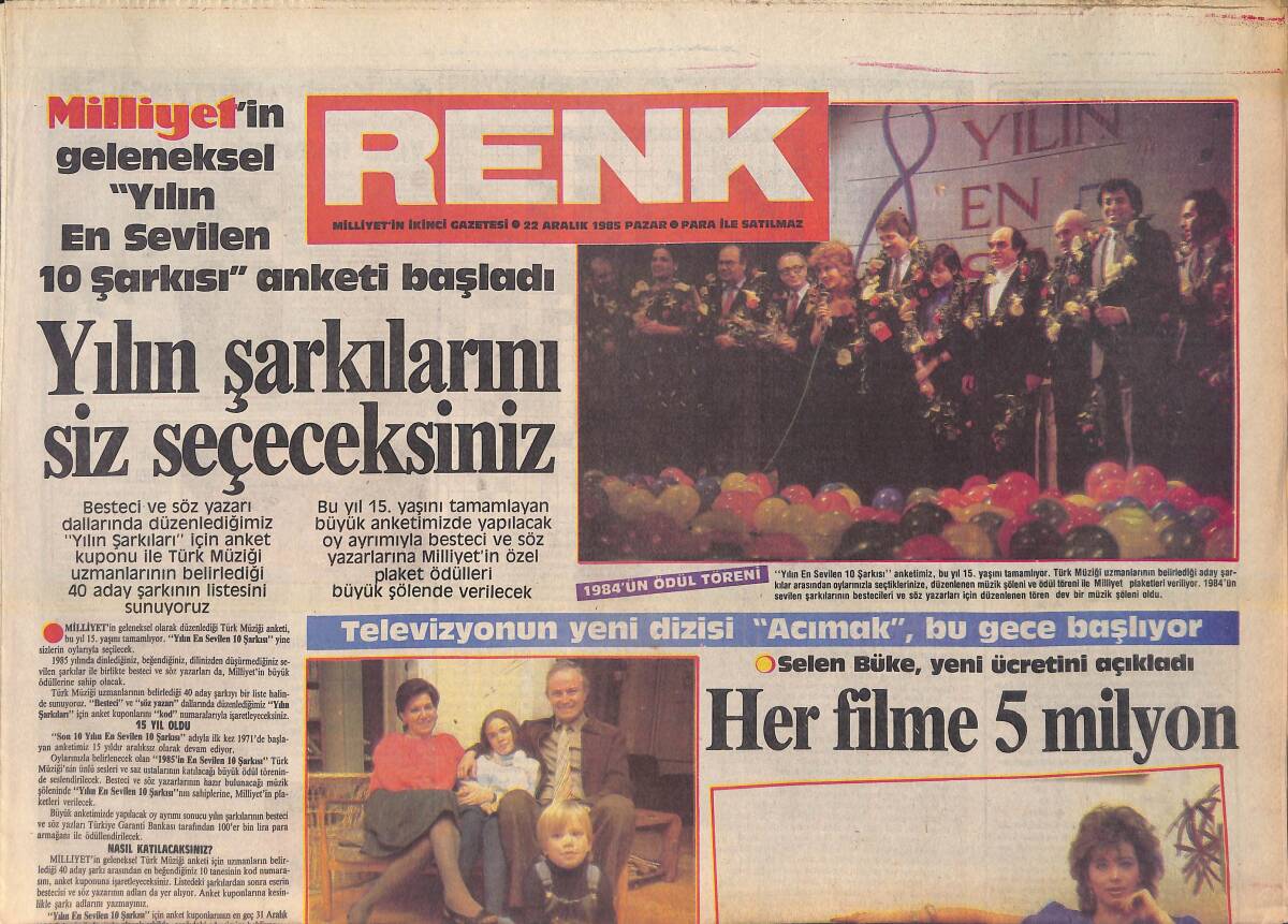 Milliyet Gazetesi Renk Eki 22 Aralık 1985 - Selen Büke Yeni Ücretini Açıkladı - Ediz Hun'un Oyunculuk Özlemi 9 Yıl Sürdü GZ156361 - 1