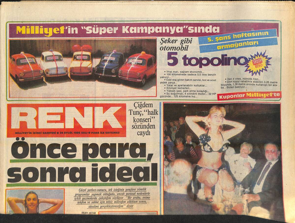Milliyet Gazetesi Renk Eki 24 Eylül 1985 - Çiğdem Tunç Halk Konseri Sözünden Caydı - Taner Şener Samsun'daki Lunaparkı Çok Sevdi GZ156571 - 1