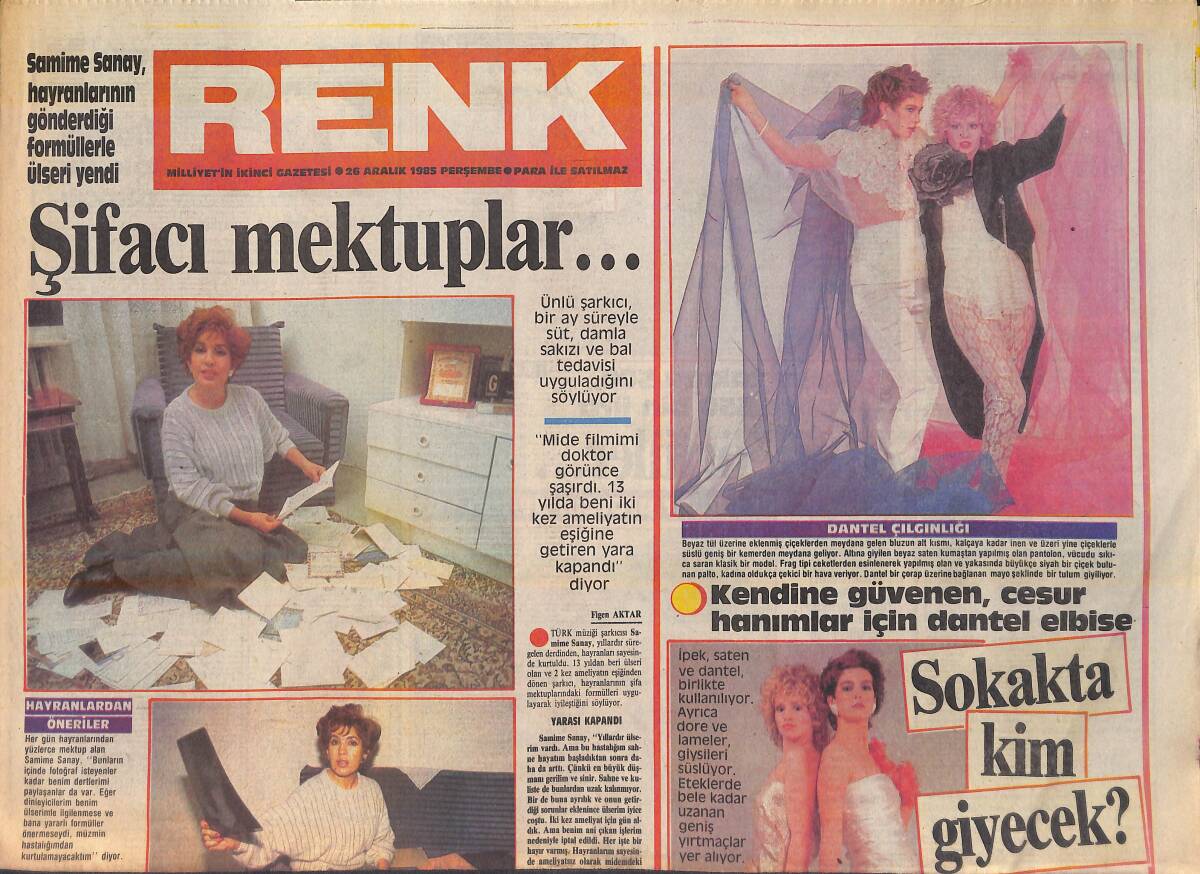 Milliyet Gazetesi Renk Eki 26 Aralık 1985 - Samime Sanay Hayranlarının Gönderdiği Formüllerle Ülseri Yendi - Şiir Ressamı Tülay Tura Börtecene GZ156365 - 1