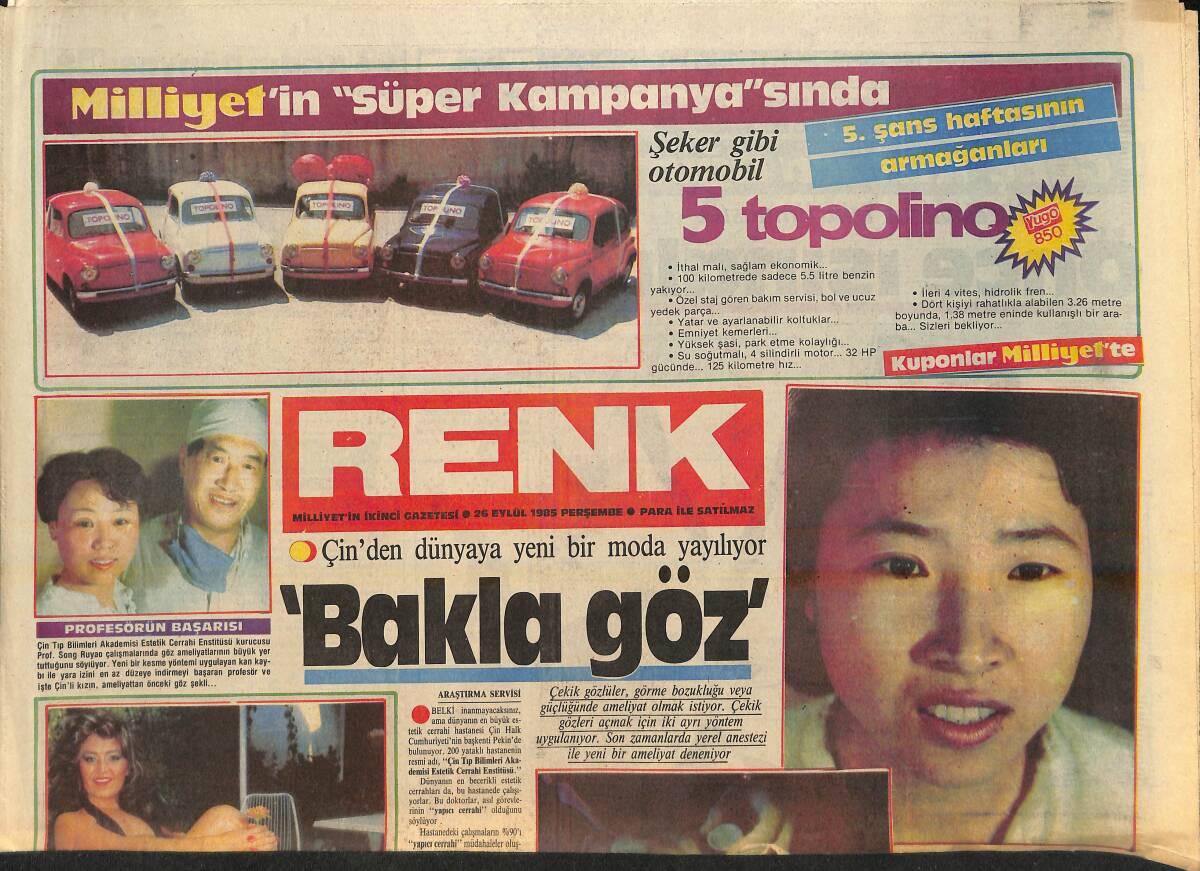 Milliyet Gazetesi Renk Eki 26 Eylül 1984 - Azra Balkan Yeniden Film Çevirmeye Hazırlanıyor - Bakla Göz Modası GZ156580 - 1