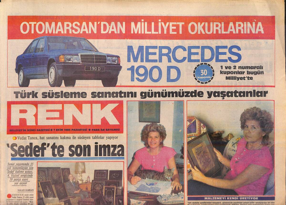 Milliyet Gazetesi Renk Eki 7 Ekim 1985 - Selma Güneri Plak İçin Çalışıyor - Vedat Tanca Hat Sanatını Kakma İle Süsleyen Tablolar Yapıyor GZ156304 - 1