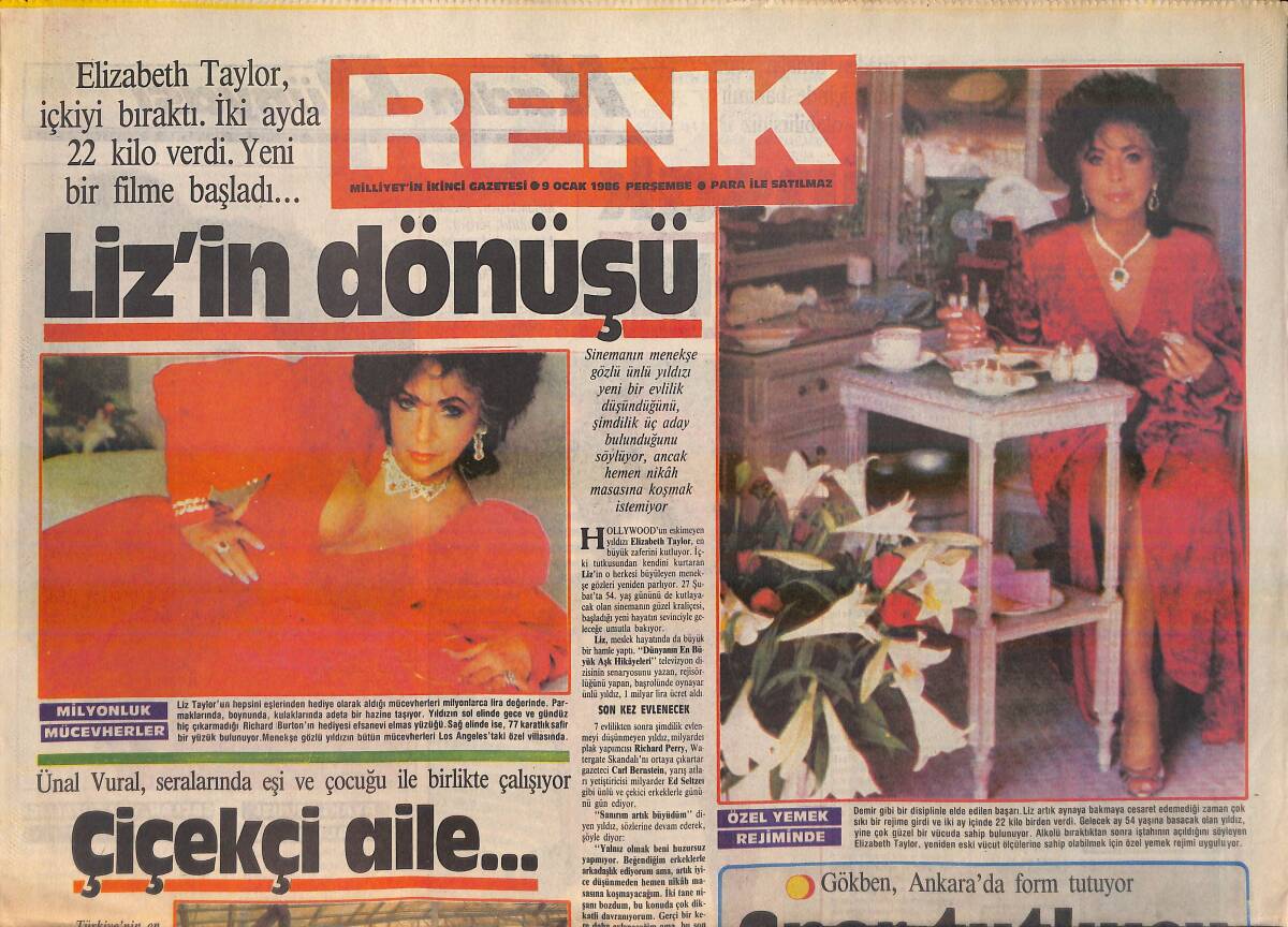 Milliyet Gazetesi Renk Eki 9 Ocak 1985 - Elizabeth Taylor İçkiyi Bıraktı - Gökben Ankara'da Form Tutuyor - Ünal Vural Seralarında GZ156229 - 1