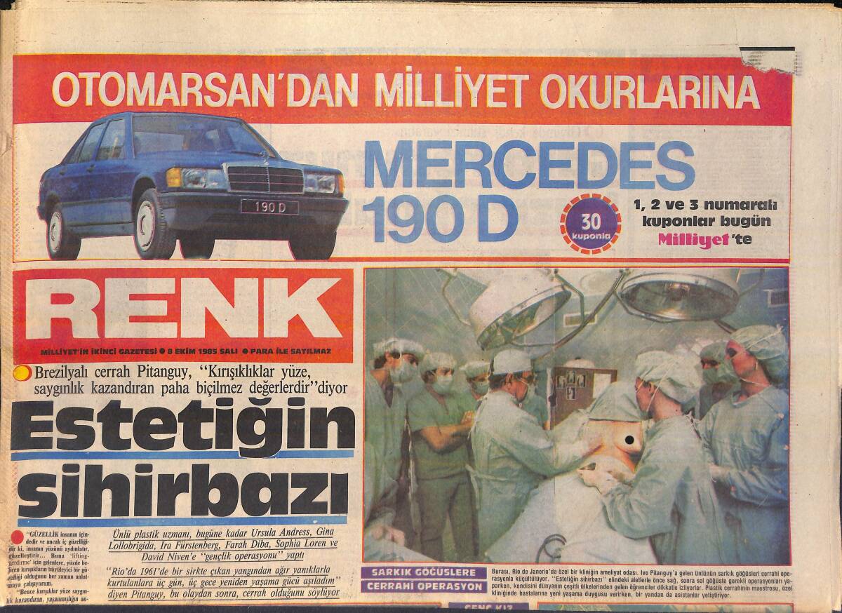 Milliyet Gazetesi Renk Eki Eki 8 Ekim 1985 - Sarkık Göğüslere Cerrahi Operasyon - Cüneyt Arkın Kaçış Filminde Emel Büyükburç ile Başrolde Oynuyor GZ156209 - 1