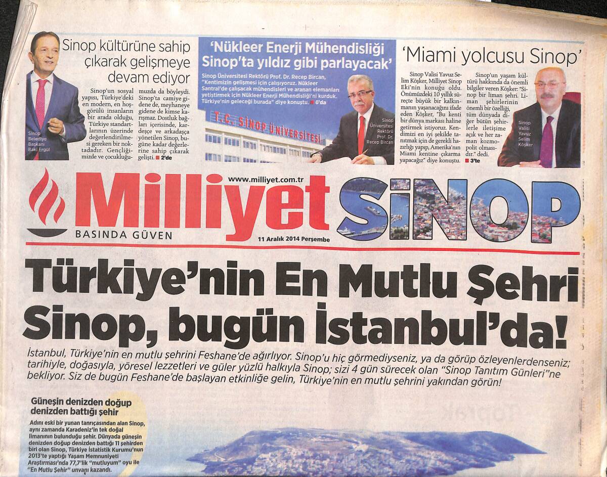 Milliyet Gazetesi Sinop Eki 11 Aralık 2014 - Türkiye'nin En Mutlu Şehri Sinop , Bugün İstanbul'da GZ134999 - 1