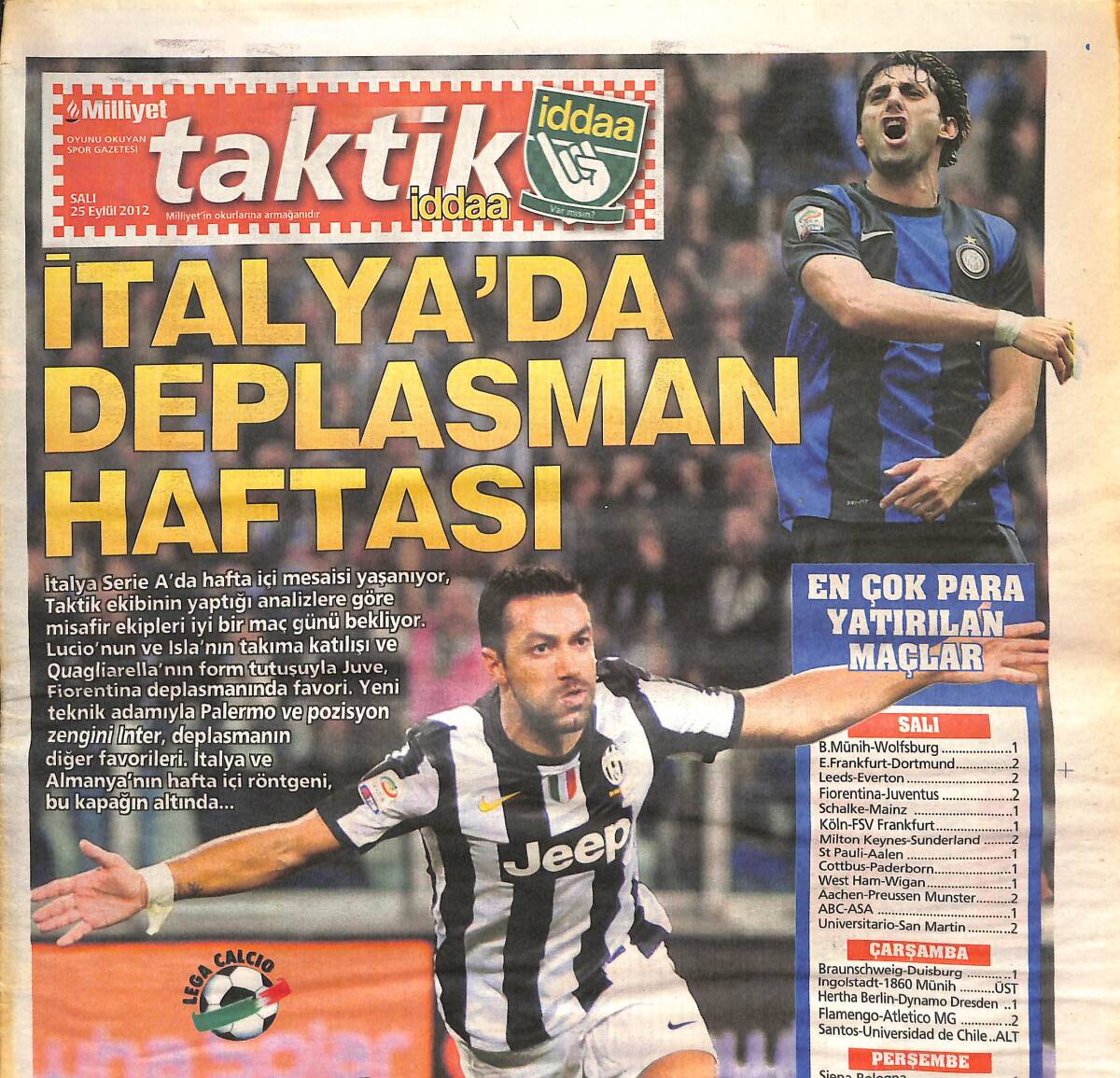 Milliyet Gazetesi Taktik Eki 25 Eylül 2012 - İtalya'da Deplasman Haftası - Hamburg İle Dortmund - Evde Kuzu Dışarıda Aslan GZ135670 - 1