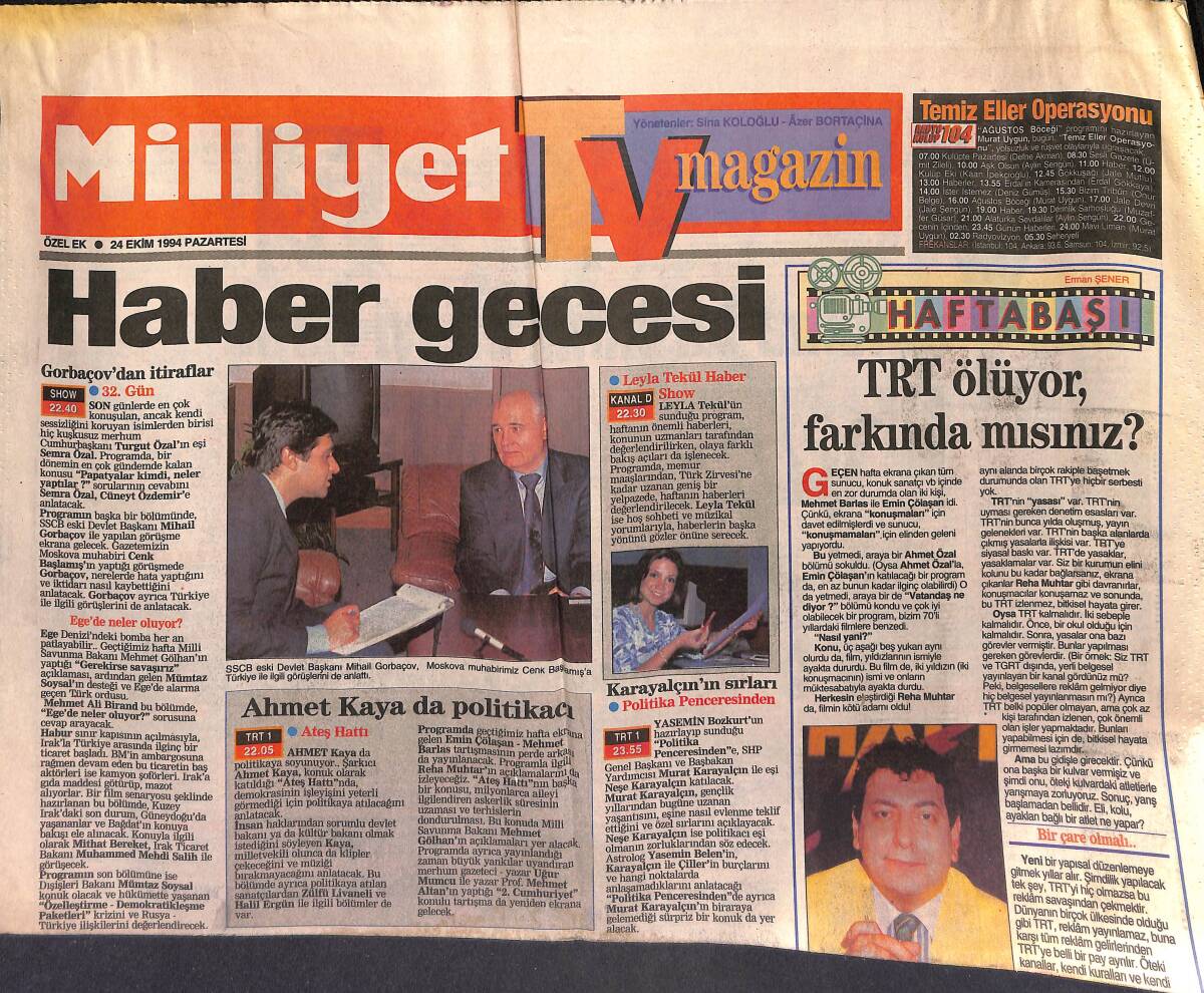 Milliyet Gazetesi TV Magazin Eki 24 Ekim 1994 - TRT Ölüyor , Farkında Mısınız ? GZ152441 - 1