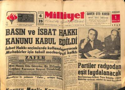 Milliyet Halk Gazetesi 1 Aralık 1960 - Basın Ve İsbat Hakkı Kanunu Kabul Edildi GZ81308 - 1