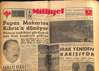 Milliyet Halk Gazetesi 1 Eylül 1958 - Papaz Makarios Kıbrısa Dönüyor - Irak Yeniden Karışıyor GZ118068 - 1