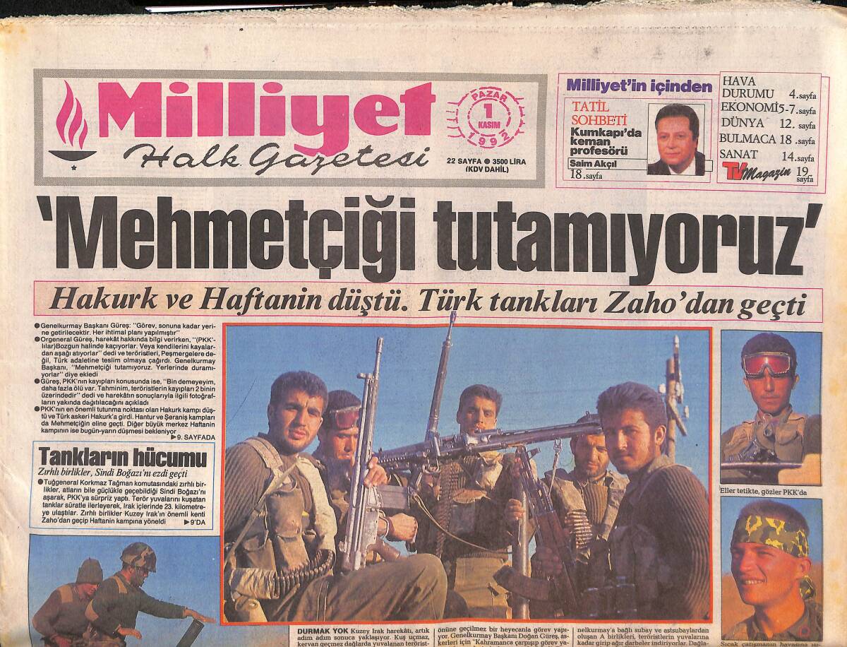 Milliyet Halk Gazetesi 1 Kasım 1992 - Hakurk Ve Haftanin Düştü . Türk Tankları Zaho'dan Geçti - Trabzon Kazanmayı Unuttu GZ132556 - 1