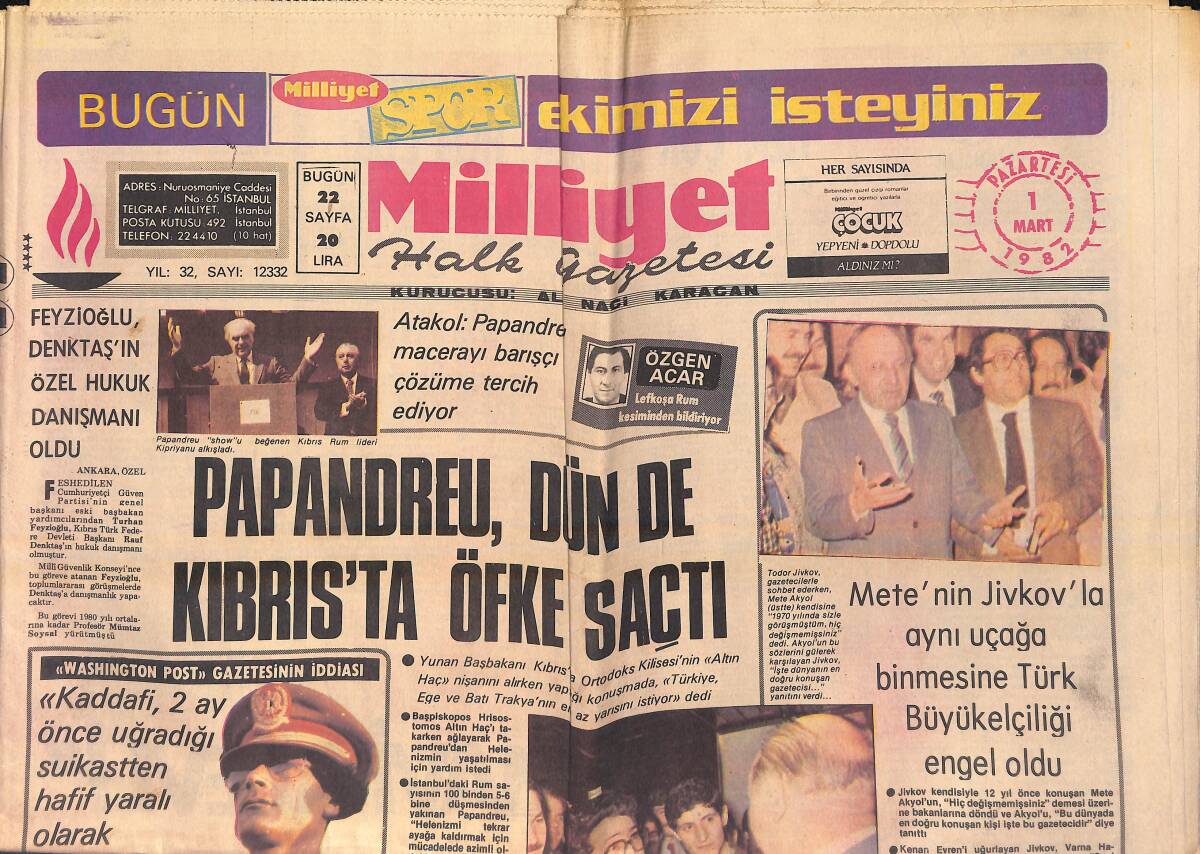 Milliyet Halk Gazetesi 1 Mart 1982 - Ferdi Tayfur'un Eşi Ve Çocukları Kazada Yaralandı - Sakarya, Fenerbahçe'yi Devirip Lider Oldu GZ156386 - 1
