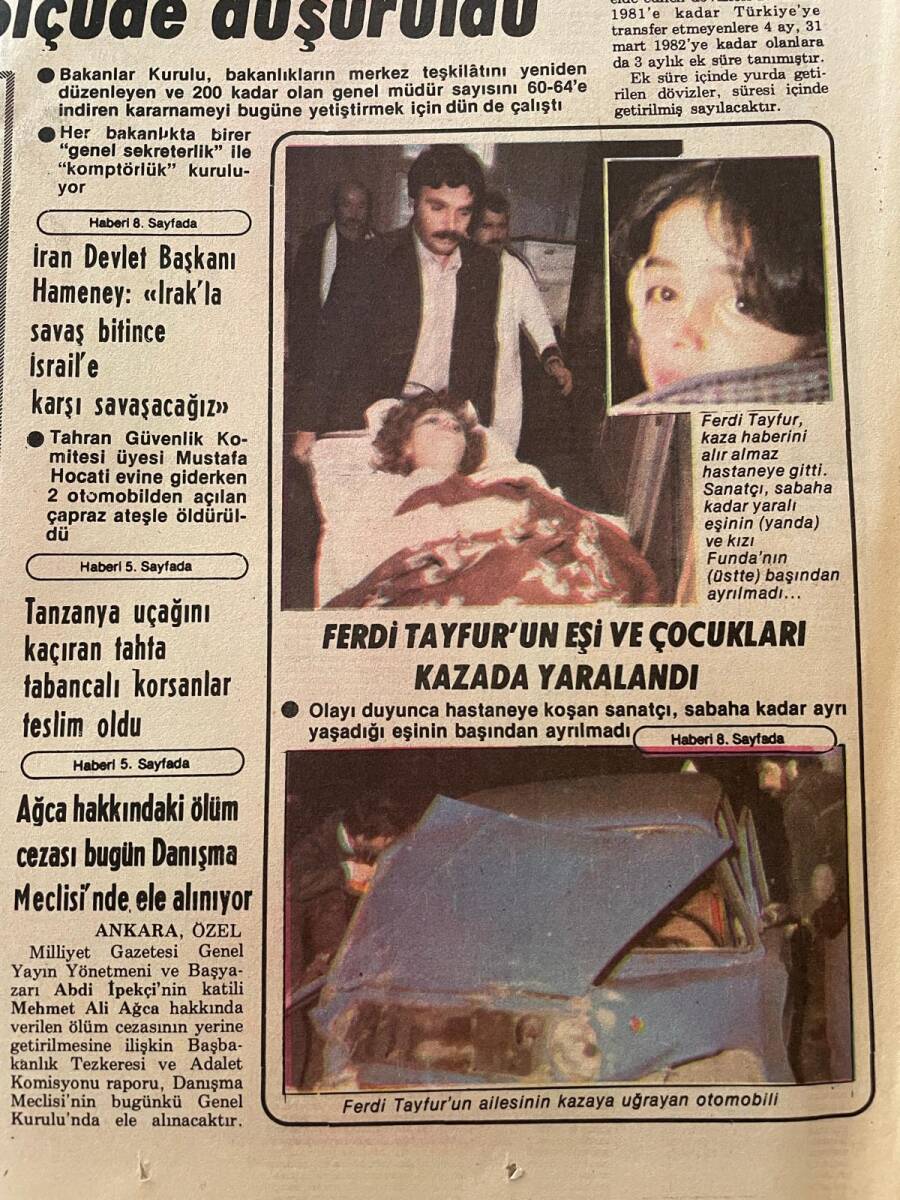 Milliyet Halk Gazetesi 1 Mart 1982 - Ferdi Tayfur'un Eşi Ve Çocukları Kazada Yaralandı - Sakarya, Fenerbahçe'yi Devirip Lider Oldu GZ156386 - 2
