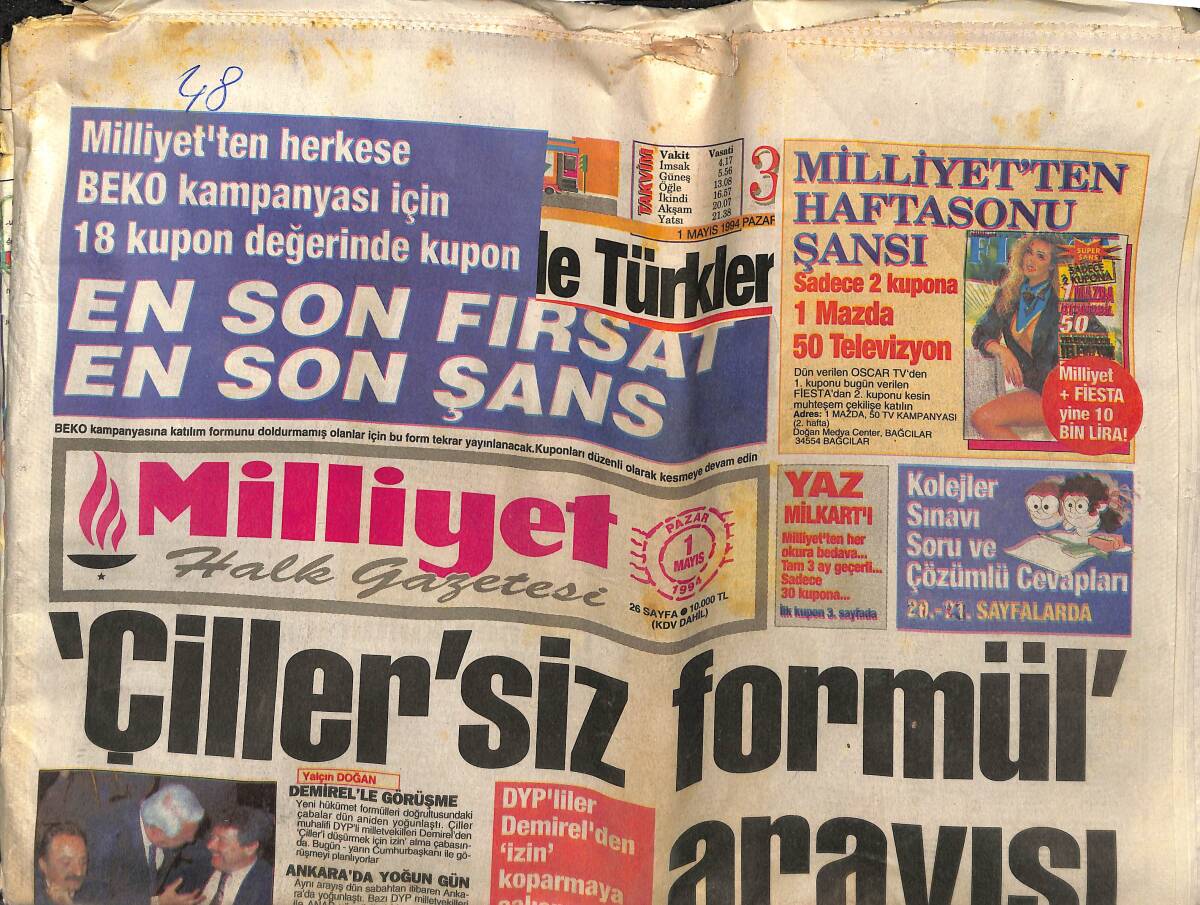 Milliyet Halk Gazetesi 1 Mayıs 1994 - Galatasaray Fire Vermedi - Çiller'siz Formül Arayışı GZ153011 - 1