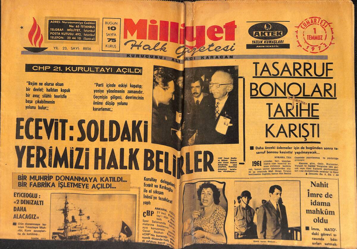 Milliyet Halk Gazetesi 1 Temmuz 1972 - Melen : Sanayileşme Yeniden Plânlanıyor - CHP 21. Kurultayı Açıldı GZ160827 - 1