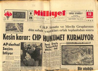 Milliyet Halk Gazetesi 10 Aralık 1963 -CHP Senato Ve Meclis Gruplarının Dün Sabah Yaptıkları Ortak Toplantıdan Sonra Kesin KararCHP Hükümet Kurmuyor GZ91577 - 1