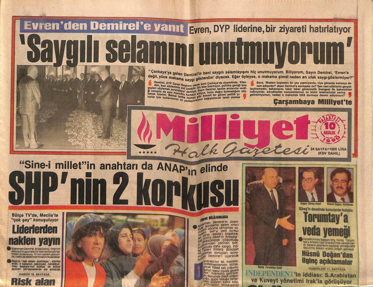 Milliyet Halk Gazetesi 10 Aralık 1990 - Galatasaray Tanju'yu Aradı - Rıdvan'ın Dizi Alçıda - SHP'nin 2 Korkusu GZ149374 - 1