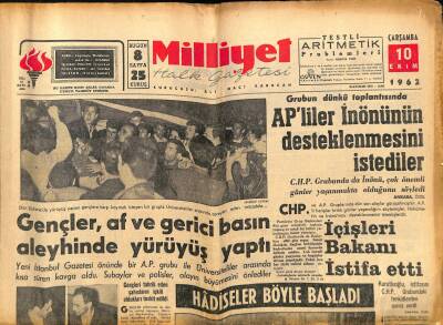 Milliyet Halk Gazetesi 10 Ekim 1962 - İçişleri Bakanı İstifa Etti - Türkiye-Habeşistan Bugün Oynuyor GZ117633 - 1