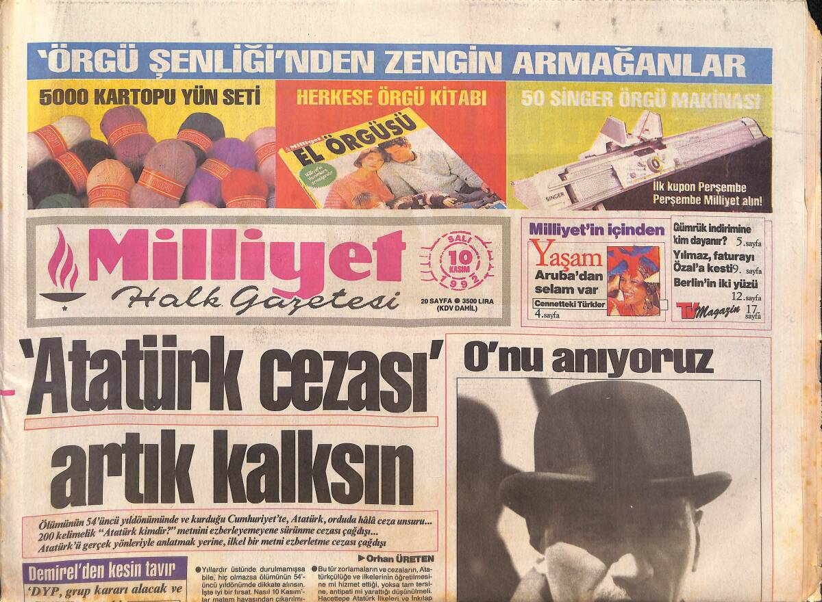 Milliyet Halk Gazetesi 10 Kasım 1992 - Osman Öcalan Pes Etti - Fenerbahçe Şampiyon Gibi GZ132604 - 1