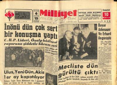Milliyet Halk Gazetesi 10 Mayıs 1958 - Ulus , Yenigün , Akis 1er Ay Kapatılıyor GZ76110 - 1