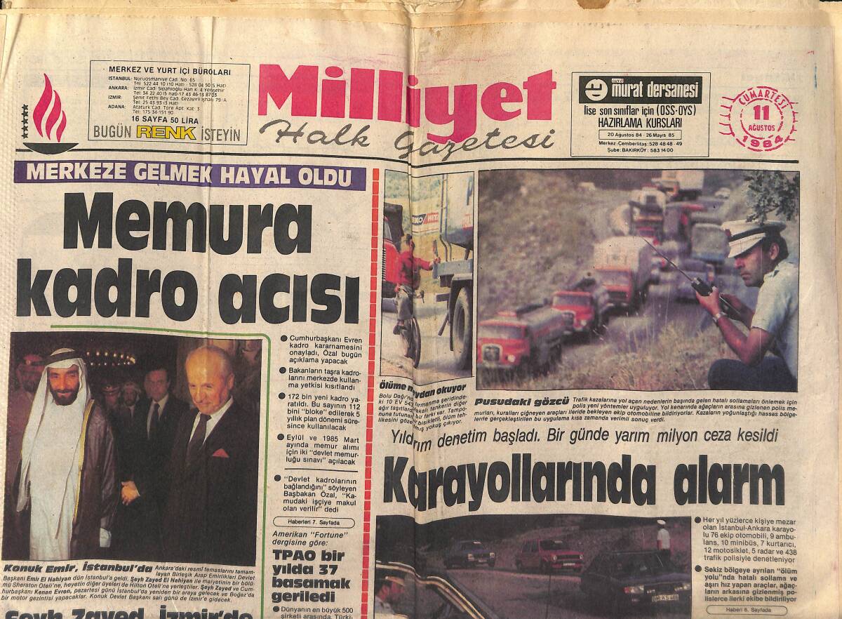 Milliyet Halk Gazetesi 11 Ağustos 1984 - Karayollarında Alarm - Gümrükler Genel Müdürü Görevden Alındı GZ151289 - 1