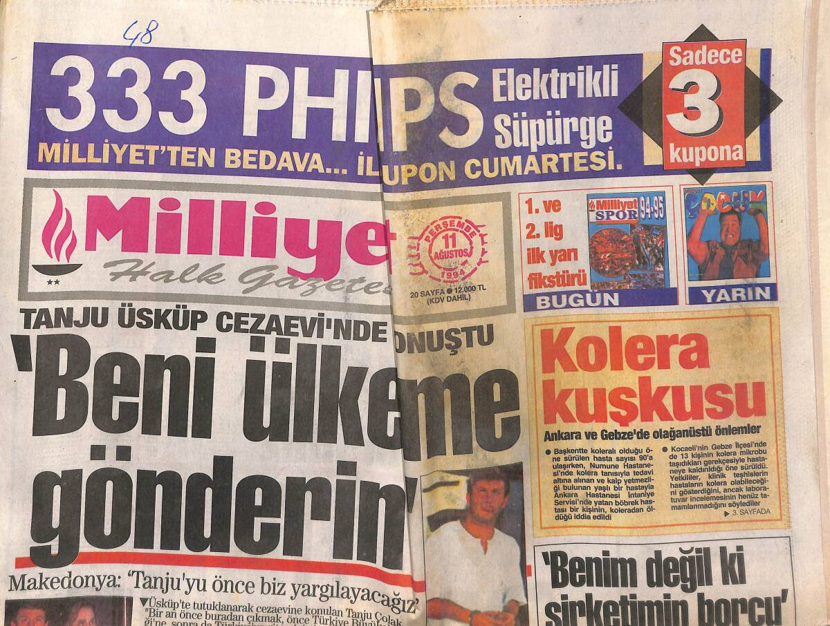 Milliyet Halk Gazetesi 11 Ağustos 1994 - Tanju Üsküp Cezaevi'nde Konuştu - Fenerbahçe Yeni Golcüsü Feyyaz'a Kucak Açtı GZ152933 - 1