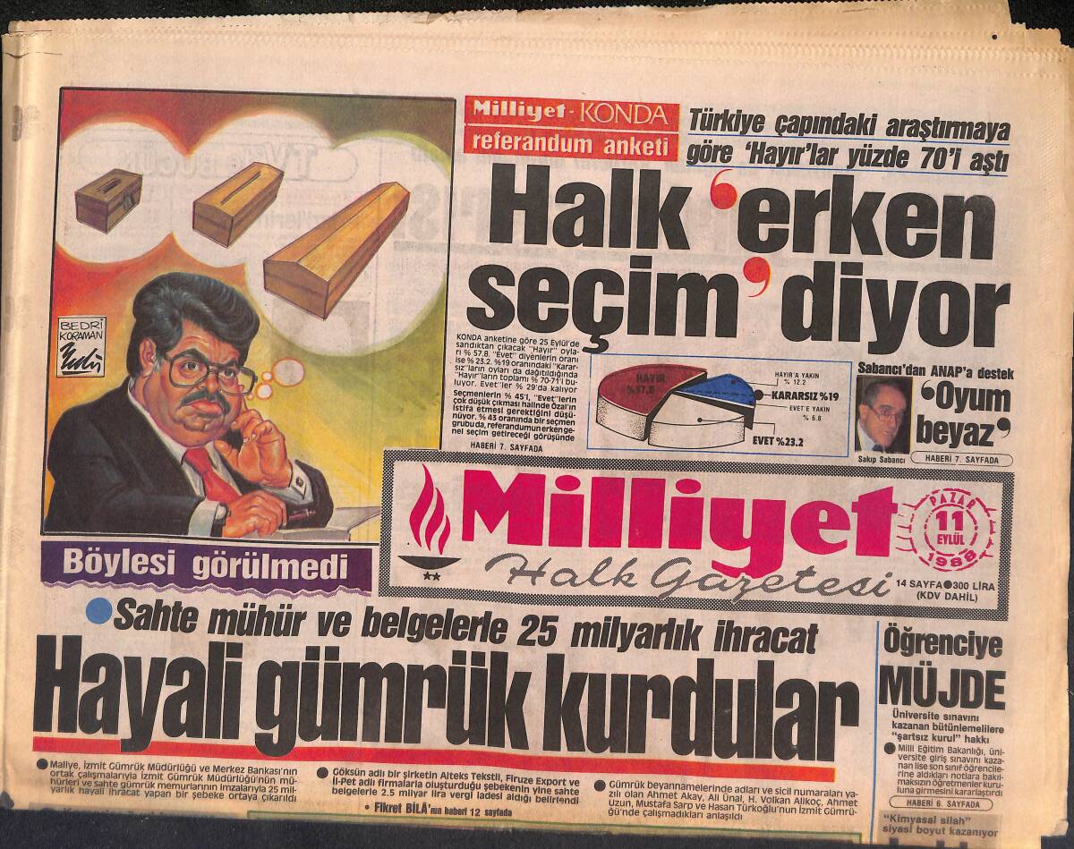 Milliyet Halk Gazetesi 11 Eylül 1988 - Semra Özal'dan İngiliz Usulü Çay - Fenerbahçe Yine Suskun GZ133068 - 1