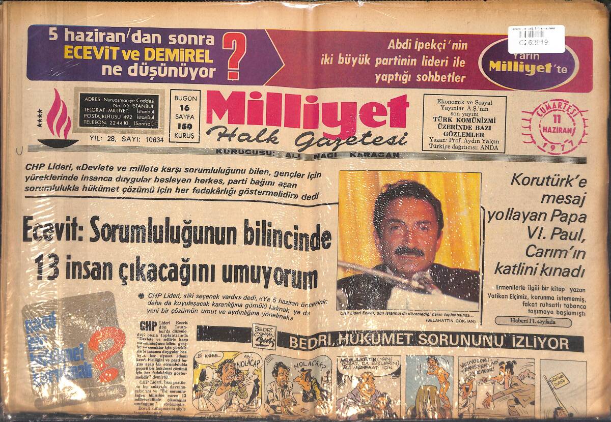 Milliyet Halk Gazetesi 11 Haziran 1977 - Ecevit; Sorumluluğunun Bilincinde 13 İnsan Çıkacağını Umuyorum - Sovyet Gemisi Yola Çıktı GZ132727 - 1