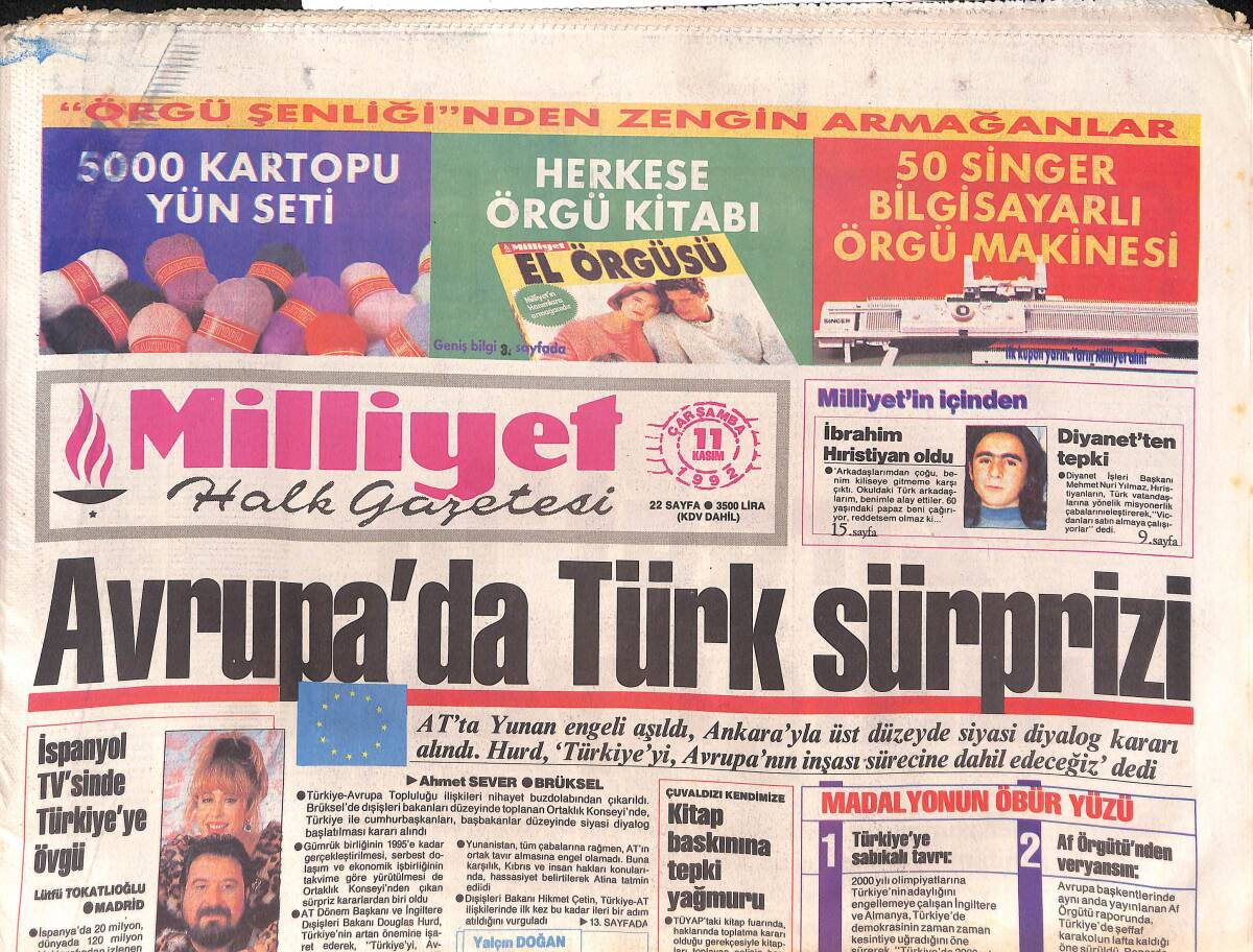 Milliyet Halk Gazetesi 11 Kasım 1992 - Atatürk Asrın Lideri - İspanyol TV'sinde Türkiye'ye Övgü GZ132901 - 1