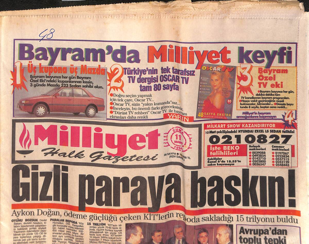 Milliyet Halk Gazetesi 11 Mart 1994 - Hülya Avşar Madonna Kılığında - Terim'in Korkusu - Sabancı Da Anayol Dedi GZ152871 - 1