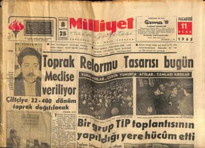 Milliyet Halk Gazetesi 11 Ocak 1965 - Toprak Reformu Tasarısı Bugün Meclise Veriliyor GZ70508 - 2
