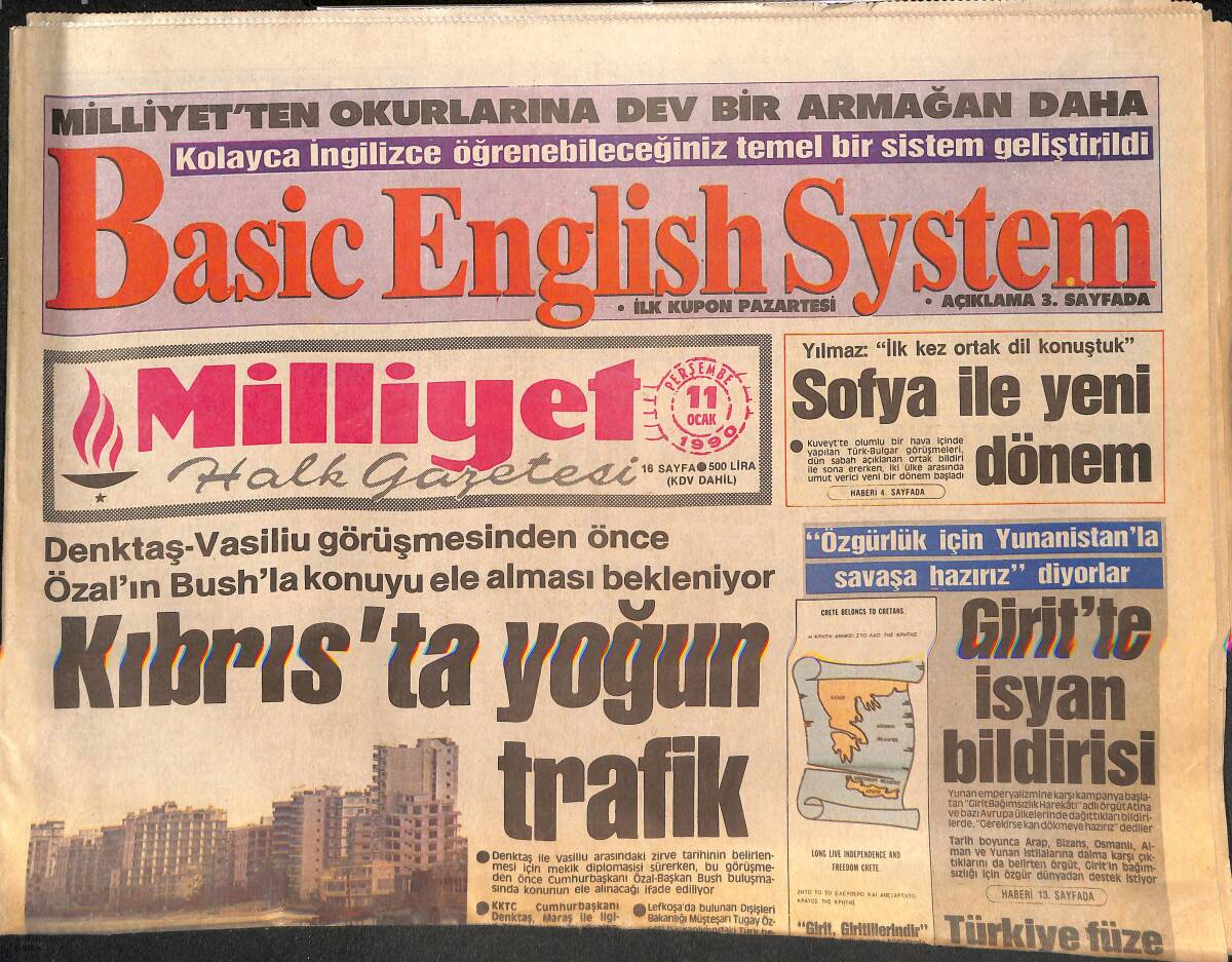 Milliyet Halk Gazetesi 11 Ocak 1990 - Kıbrıs'ta Yoğun Trafik - Girit'te İsyan Bildirisi GZ133172 - 1