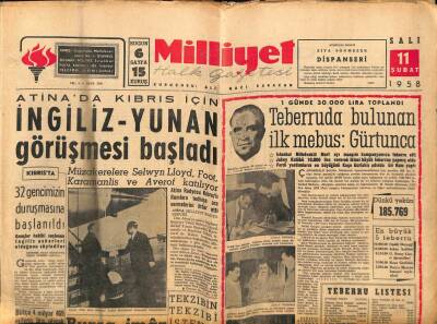 Milliyet Halk Gazetesi 11 Şubat 1958 - Atinada Kıbrıs İçin İngiliz-Yunan Görüşmesi Başladı GZ88755 - 1