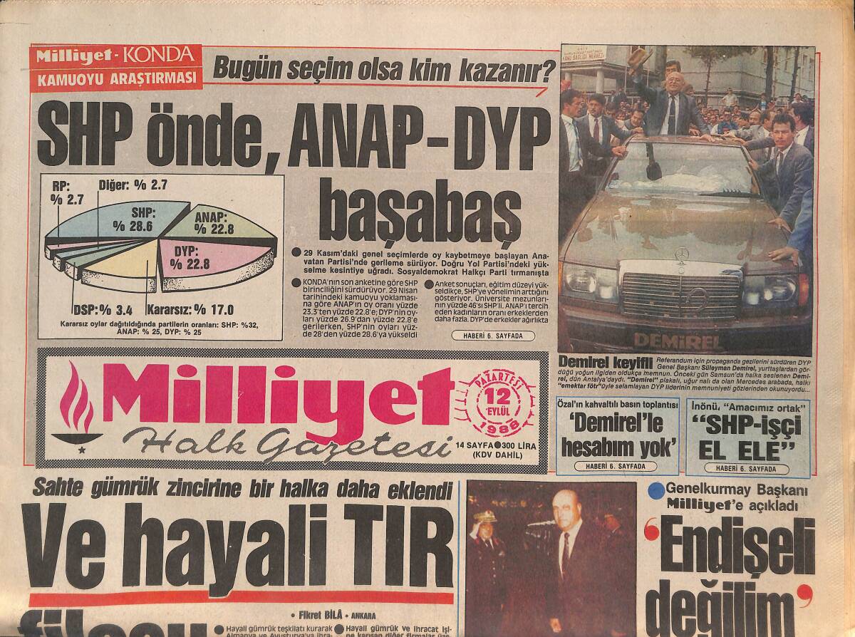 Milliyet Halk Gazetesi 12 Eylül 1988 - Galatasaray'a Bolu Freni - SHP Önde , ANAP-DYP Başabaş GZ133104 - 1