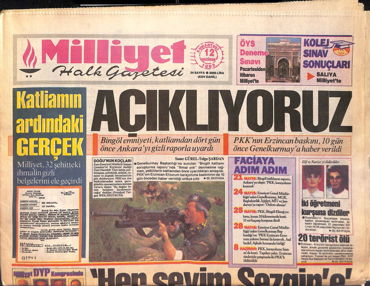 Milliyet Halk Gazetesi 12 Haziran 1993 - Bingöl Emniyeti , Katliamdan Dört Gün Önce Ankara'yı Gizli Raporla Uyardı GZ161149 - 1