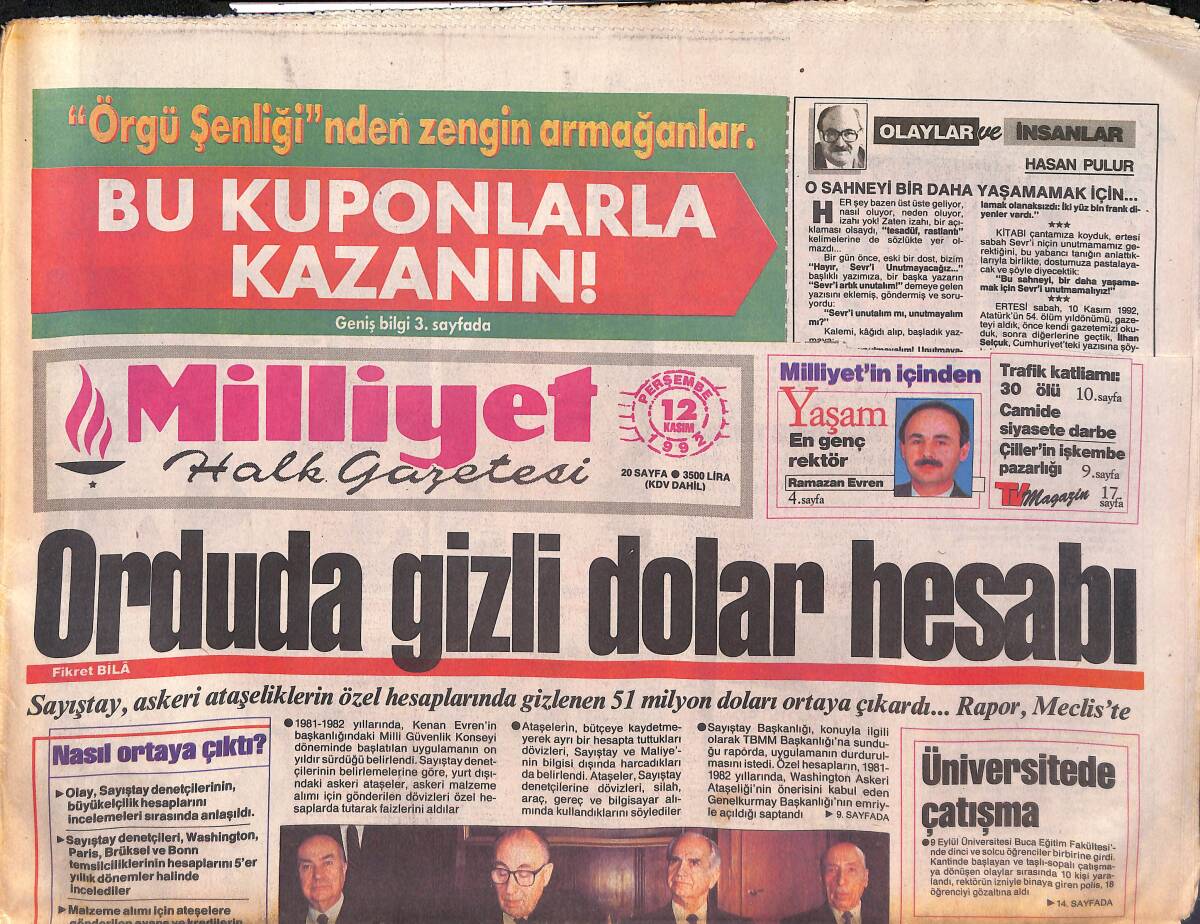 Milliyet Halk Gazetesi 12 Kasım 1992 - Eşref Bitlis Kuzey Irak'ta - Orduda Gizli Dolar Hesabı GZ132572 - 1