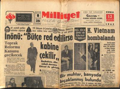 Milliyet Halk Gazetesi 12 Şubat 1965 - Yeni Adana Gazetesi Amerikada Ödül Aldı - K. Vietnam Bombalandı GZ121400 - 1