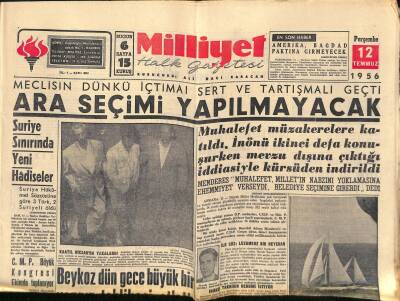 Milliyet Halk Gazetesi 12 Temmuz 1956 - Kıbrısta 250 Rum Genci Tevkif Edildi - Ara Seçim Yapılmayacak GZ118265 - 1