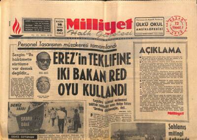 Milliyet Halk Gazetesi 12 Temmuz 1970 - Erezin Teklifine İki Bakan Red Oyu Kullandı GZ92635 - 1