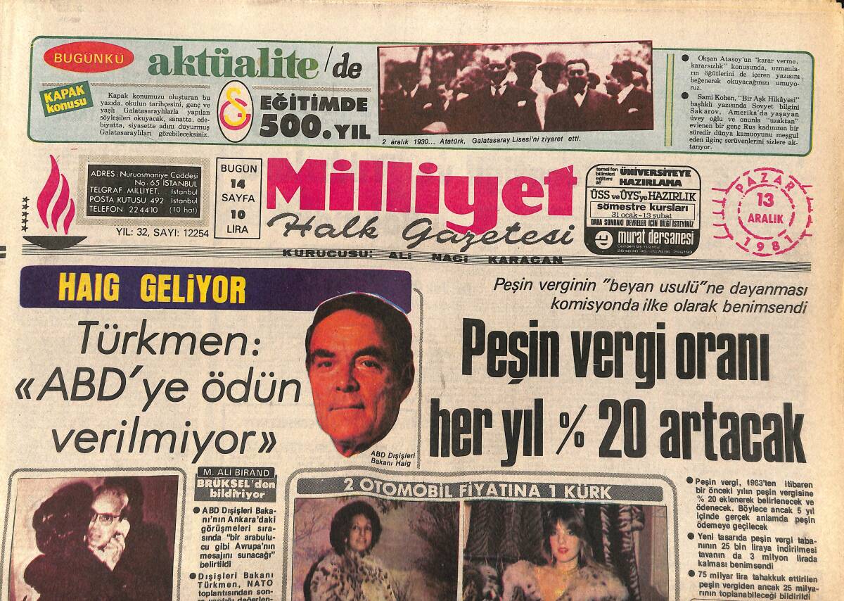 Milliyet Halk Gazetesi 13 Aralık 1981 - Türkeş Hakkında Savcıya Hakaretten Açılan Davaya Yarın Bakılacak -YHK Başkanı Varlık da Pahalılıktan Şikayetçi GZ161016 - 1