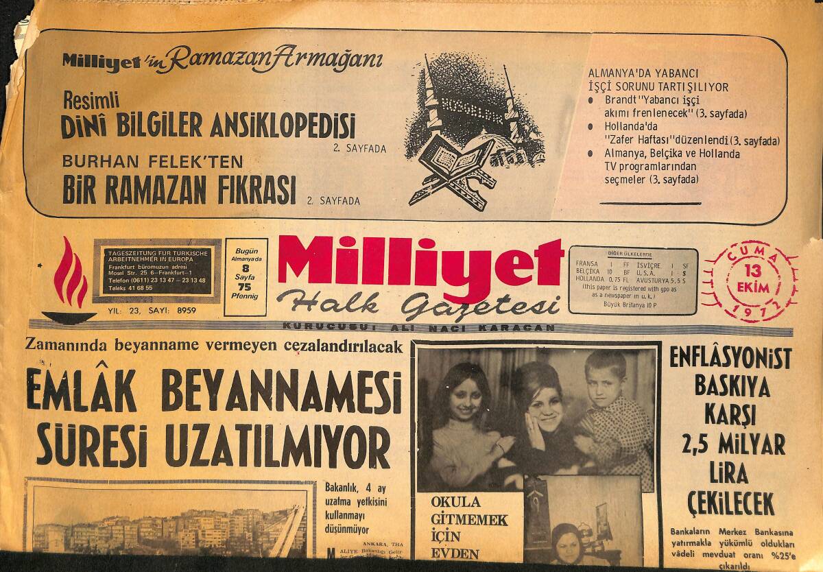 Milliyet Halk Gazetesi 13 Ekim 1972 - Emlak Beyannamesi Süresi Uzatılmıyor GZ157786 - 1