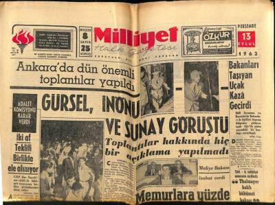 Milliyet Halk Gazetesi 13 Eylül 1962 - Bakanları Taşıyan Uçak Kaza Geçirdi GZ74546 - 1