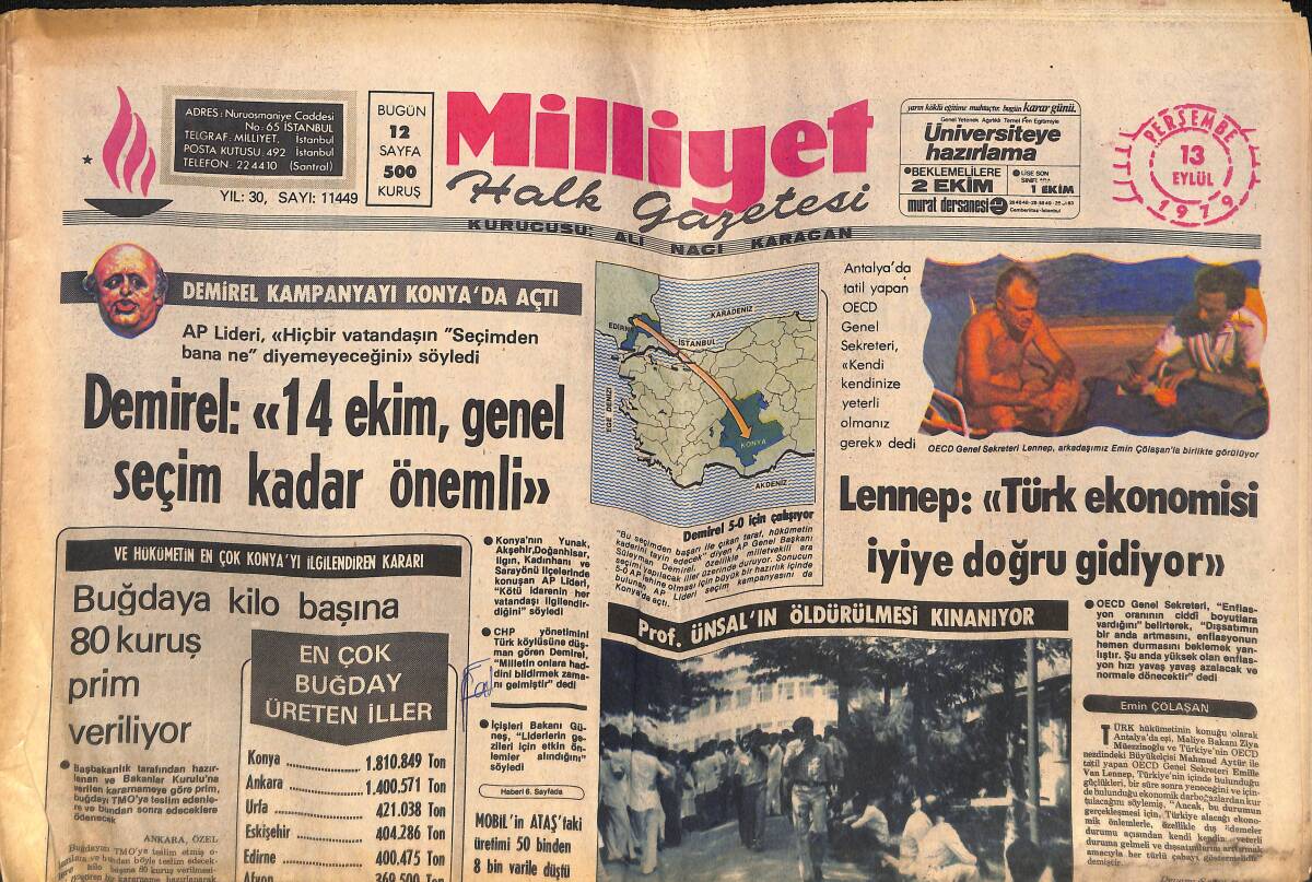 Milliyet Halk Gazetesi 13 Eylül 1979 - Lennep; Türk Ekonomisi İyiye Doğru Gidiyor - Prof. Ünsal'ın Katil Zanlısının Kimliği Saptandı GZ132498 - 1