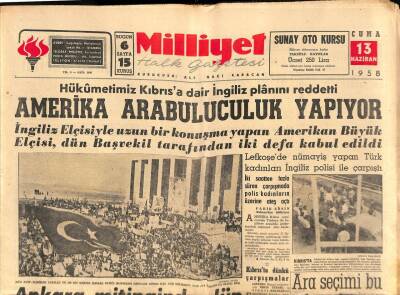 Milliyet Halk Gazetesi 13 Haziran 1958 - Hükümetimiz Kıbrısa Dair İngiliz Planını Reddetti GZ88927 - 1