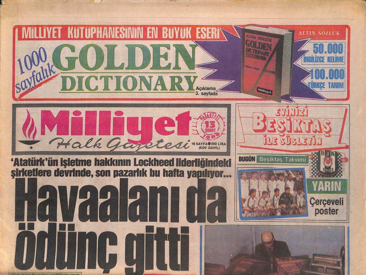 Milliyet Halk Gazetesi 13 Şubat 1989 - Galatasaray'ın Dönüşü - Atatürk Havaalanı da Ödünç Gitti GZ133076 - 1