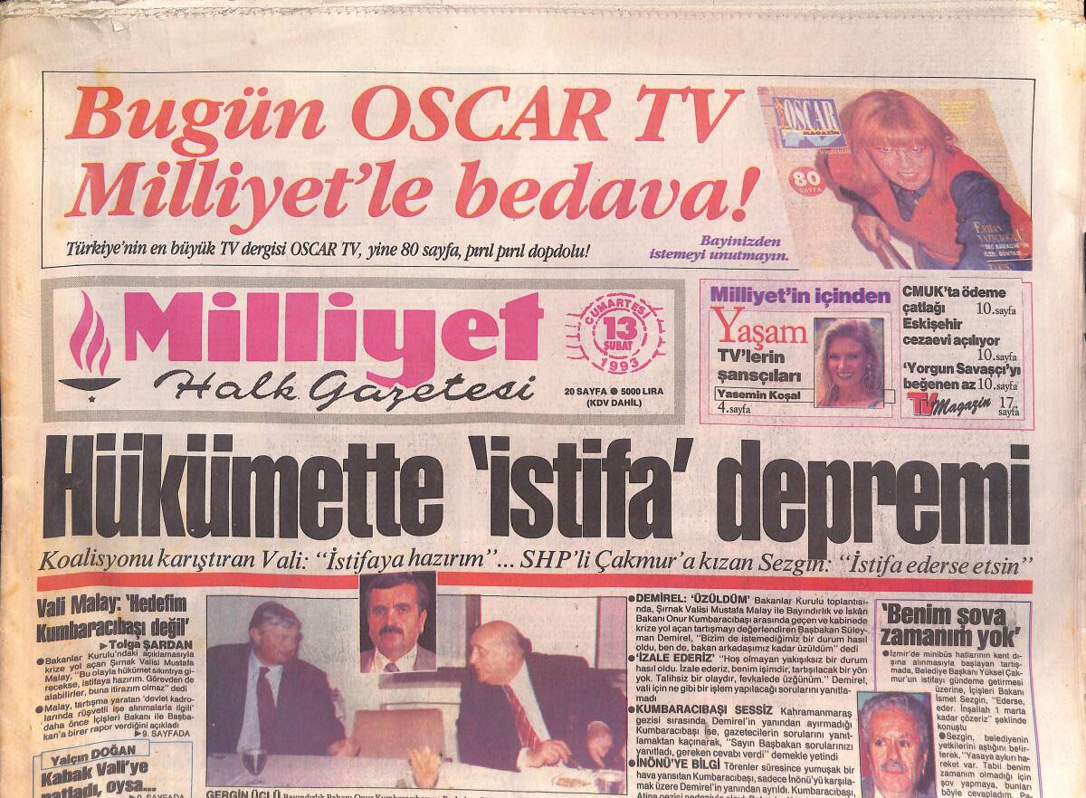 Milliyet Halk Gazetesi 13 Şubat 1993 - Hükümette İstifa Depremi - Galatasaray'da Büyük Özveri GZ132566 - 1