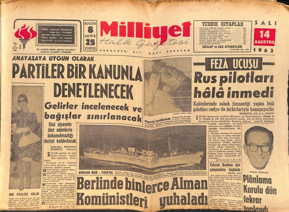 Milliyet Halk Gazetesi 14 Ağustos 1962 - Konya'nın Ermenek İlçesinde 35 Ev Yandı - Marilyn Monroe'nun Son Konuşması GZ157892 - 1