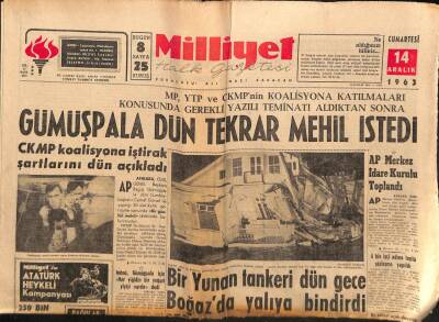 Milliyet Halk Gazetesi 14 Aralık 1963 - Bir Yunan Tankeri Dün Gece Boğazda Yalıya Bindirdi GZ91717 - 1