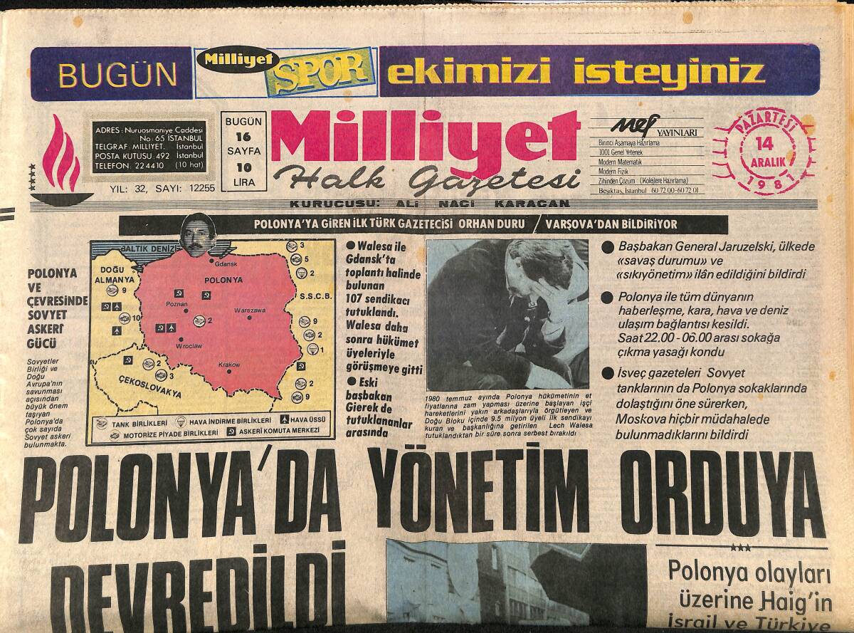 Milliyet Halk Gazetesi 14 Aralık 1981 - Polonya'da Yönetim Orduya Devredildi GZ161015 - 1